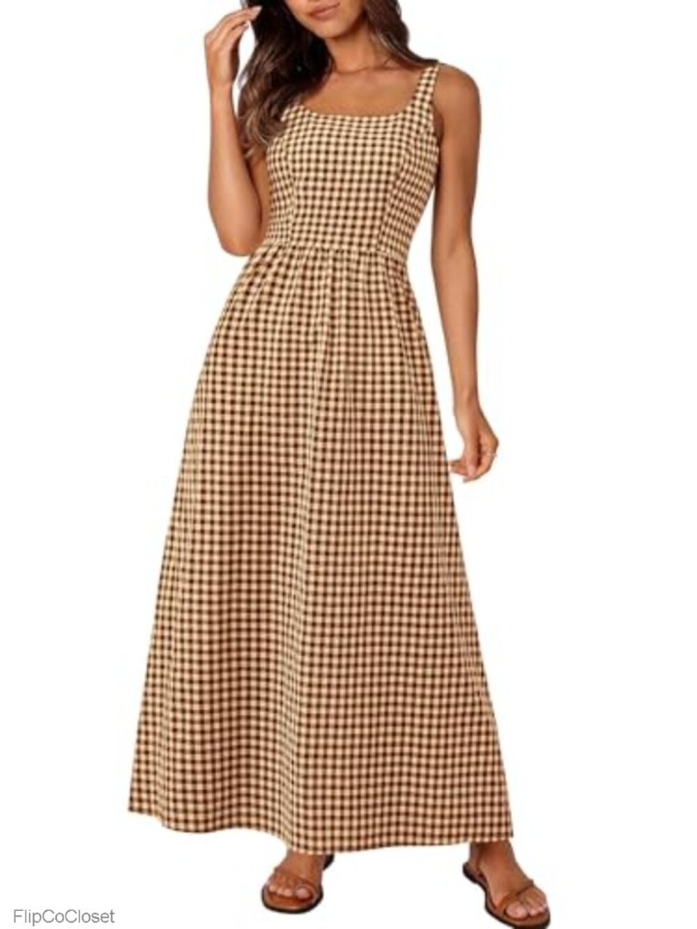 Women's Sleeveless Square Neck Smocked Back Plaid Maxi Dress, Gingham Fit and
